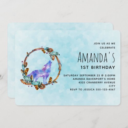 Watercolor Wolf with a Boho Style Wreath Birthday  Invitation