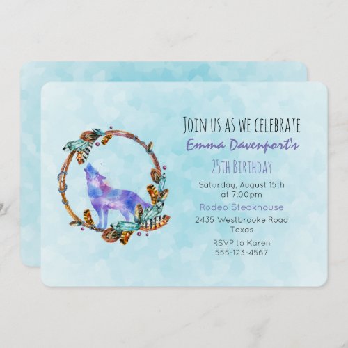 Watercolor Wolf with a Boho Style Wreath Birthday Invitation