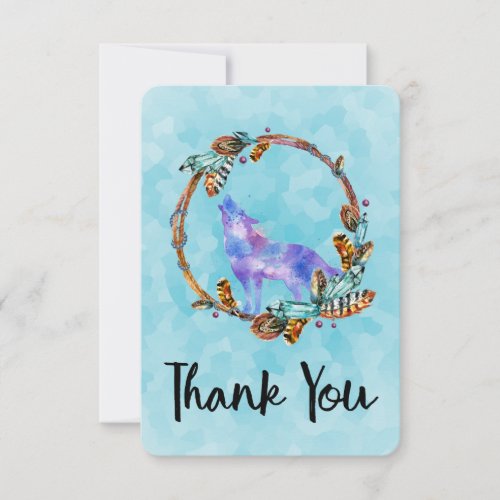 Watercolor Wolf with a Boho Style Wreath Thank You