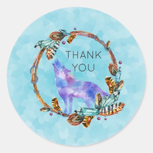 Watercolor Wolf with a Boho Style Wreath Thank You Classic Round Sticker