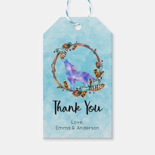 Watercolor Wolf with a Boho Style Wreath Thank You Gift Tags