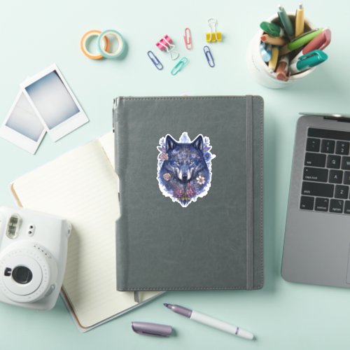 Watercolor Wolf with Flowers in Nature Vinyl Stick Sticker