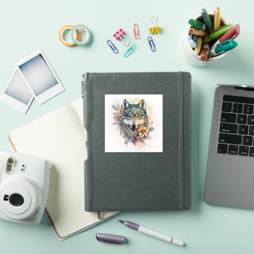 Watercolor Wolf with Flowers in Nature Vinyl Sticker