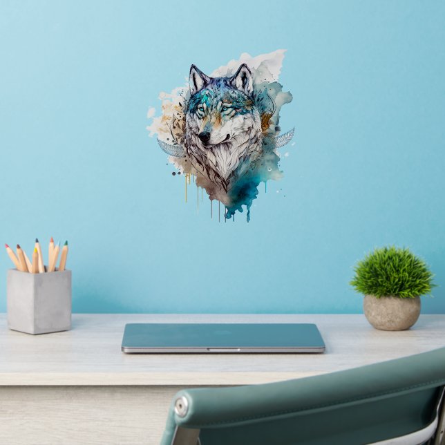 Watercolor Wolf with Flowers Nature Wall Decal (Home Office 2)
