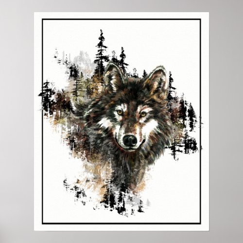 Watercolor Wolf with Mountain Art Poster