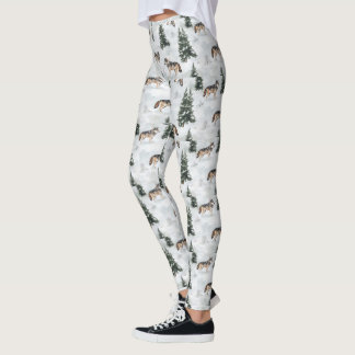 Watercolor Wolves Snow Covered Pine Trees Leggings