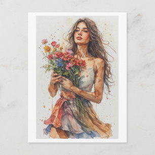 Watercolor Woman carrying Flowers on a  Holiday Postcard