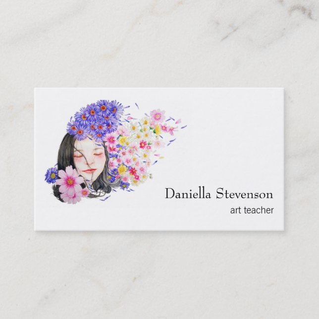 Watercolor Woman Flowers Spring Nature Art Business Card (Front)