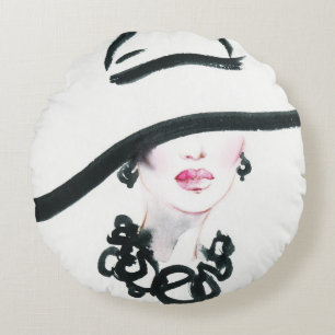 Watercolor woman portrait, abstract fashion illust round pillow