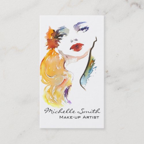 Watercolor woman portrait make up artist branding business card