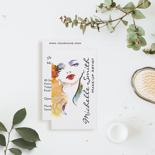 Watercolor woman portrait make up artist branding business card