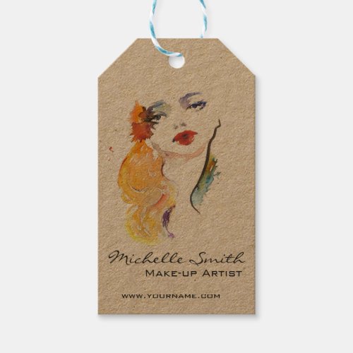 Watercolor woman portrait make up artist branding gift tags