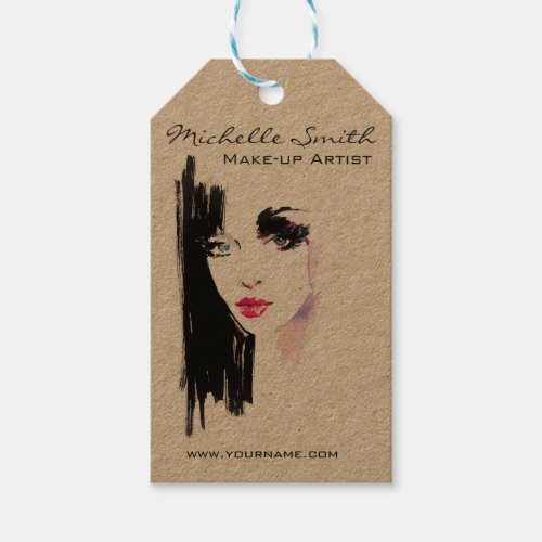 Watercolor woman portrait makeup artist branding gift tags