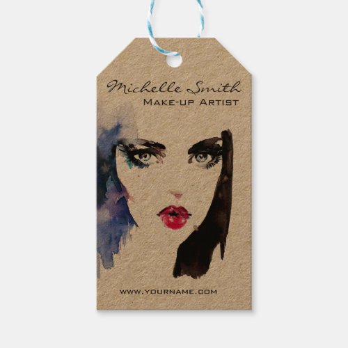 Watercolor woman portrait makeup artist branding gift tags