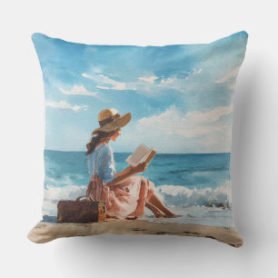 WATERCOLOR WOMAN READING ON THE BEACH THROW PILLOW