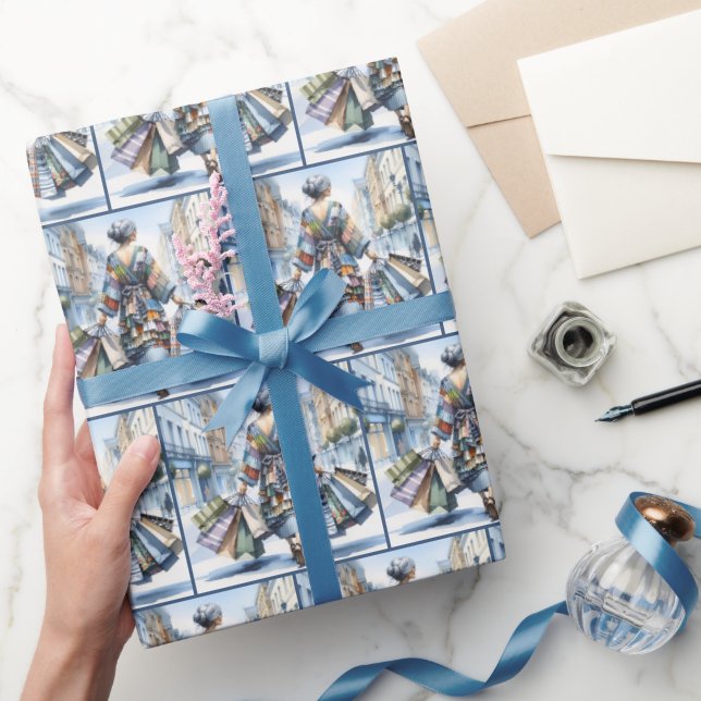 Watercolor Woman Shopper With Bags Wrapping Paper (Gifting)