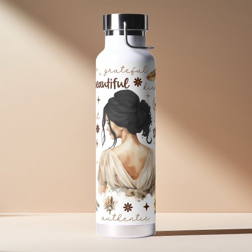 Watercolor Woman With Black Hair Boho Affirmation Water Bottle