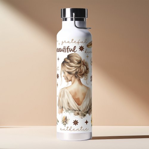 Watercolor Woman With Blonde Hair Boho Affirmation Water Bottle