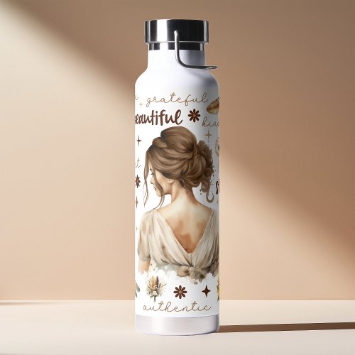 Watercolor Woman With Brown Hair Boho Affirmation Water Bottle