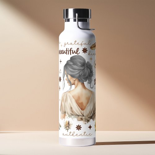 Watercolor Woman With Gray Hair Boho Affirmation Water Bottle