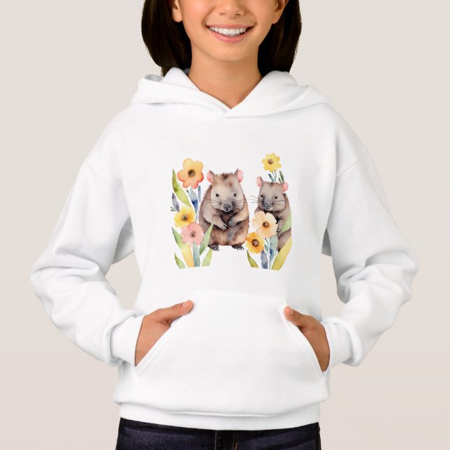 Watercolor wombats and flowers hoodie (Front)