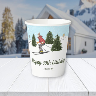 Watercolor Women Skiing Custom Winter Birthday Paper Cups