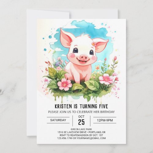 Watercolor Wonderland Piglets Girl Birthday Invitation