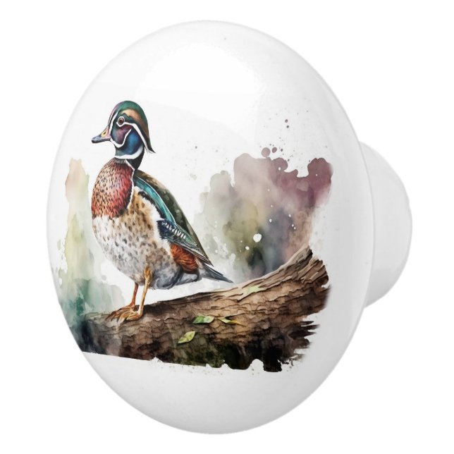 Watercolor Wood Duck On A Log Ceramic Knob (Right)