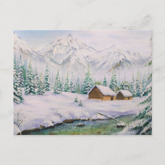 Watercolor Wood Houses and Pine Tree in Snow Postcard