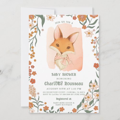 Watercolor Woodand Fox Rustic Girl Baby Shower  Invitation
