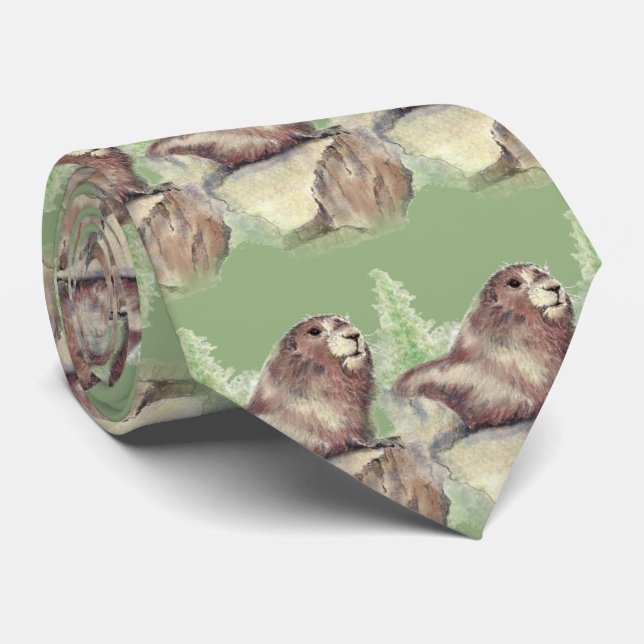 Watercolor Woodchuck, Marmot, Groundhog Animal art Tie (Rolled)
