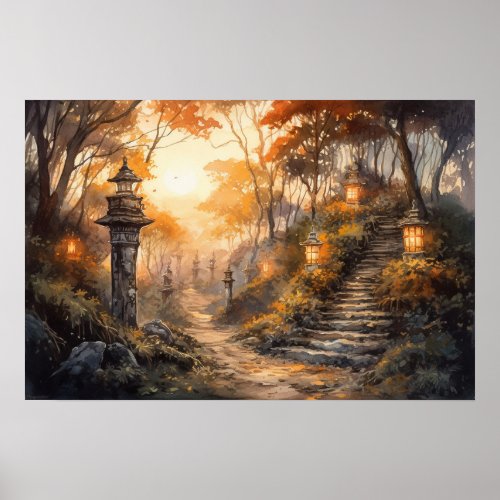 Watercolor wooded path with lanterns in fall poster