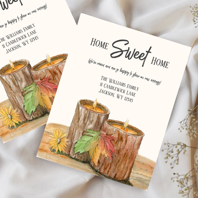Watercolor Wooden Candles In Autumn Moving  Announcement Postcard ("Invite the spirit of autumn into your move with these rustic candles.)