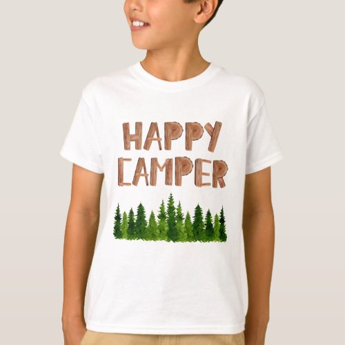 Watercolor Wooden Happy Camper Pine Trees  T_Shirt