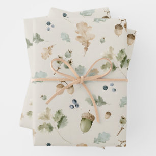 Watercolor Woodland Acorns Oak Leaves and Berries Wrapping Paper Sheets