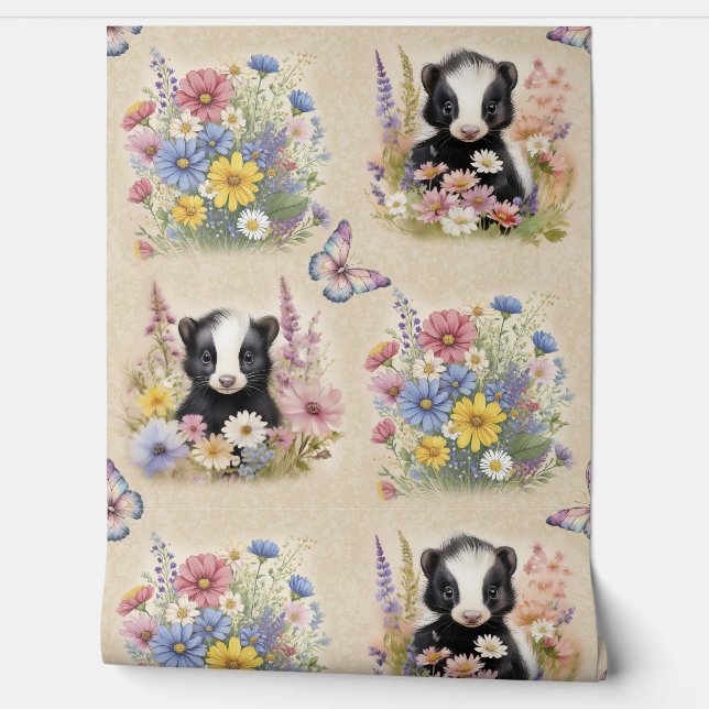 Watercolor Woodland Animal Baby Skunk Wild Flower  Wallpaper (Unrolling)