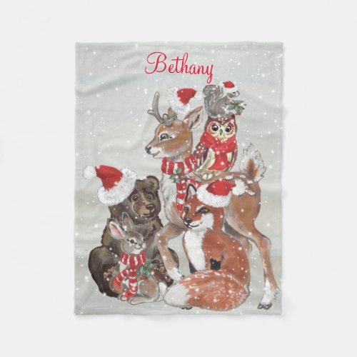 Watercolor Woodland Animal Christmas Snow Custom Fleece Blanket