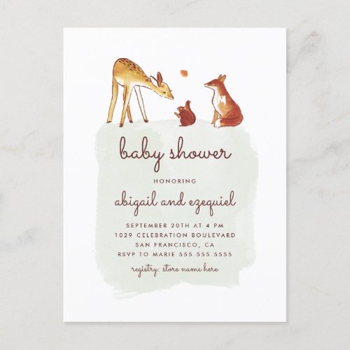 Watercolor Woodland Animal Friends Baby Shower Invitation Postcard