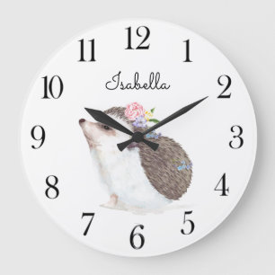 Watercolor Woodland Animal Hedgehog Nursery  Large Clock
