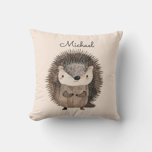 Watercolor Woodland Animal Hedgehog Personalized Throw Pillow (Front)