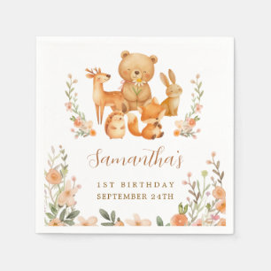Watercolor Woodland Animals 1st Birthday Party Napkins