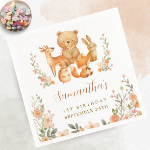 Watercolor Woodland Animals 1st Birthday Party Napkins