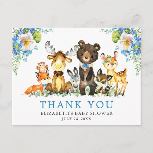 Watercolor Woodland Animals Baby Shower Blue Postcard