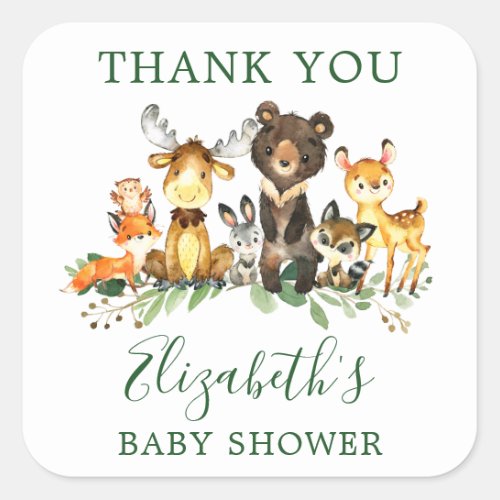 Watercolor Woodland Animals Baby Shower Favor Square Sticker
