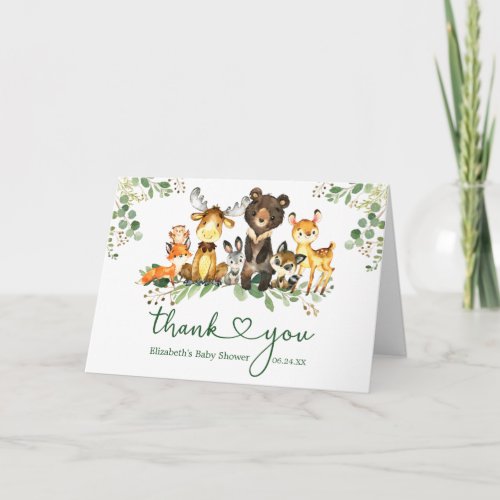 Watercolor Woodland Animals Baby Shower Heart Fold Thank You Card