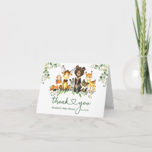 Watercolor Woodland Animals Baby Shower Heart Note Thank You Card