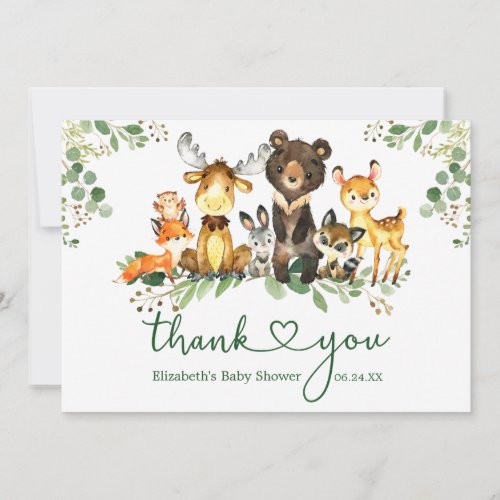 Watercolor Woodland Animals Baby Shower Heart Thank You Card