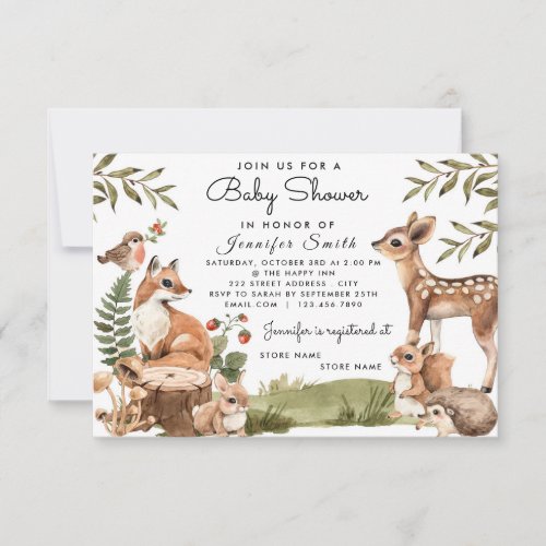 Watercolor Woodland Animals Baby Shower Invitation