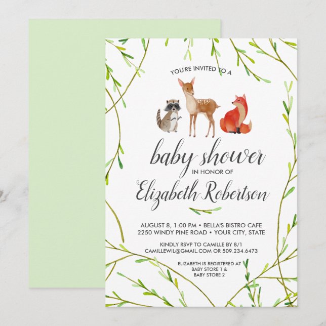 Watercolor Woodland Animals Baby Shower Invitation (Front/Back)
