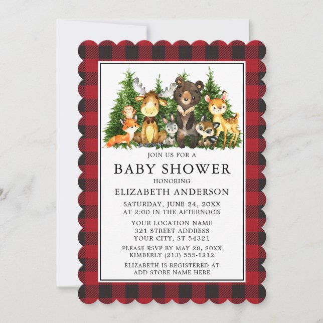 Watercolor Woodland Animals Baby Shower Plaid Invitation (Front)